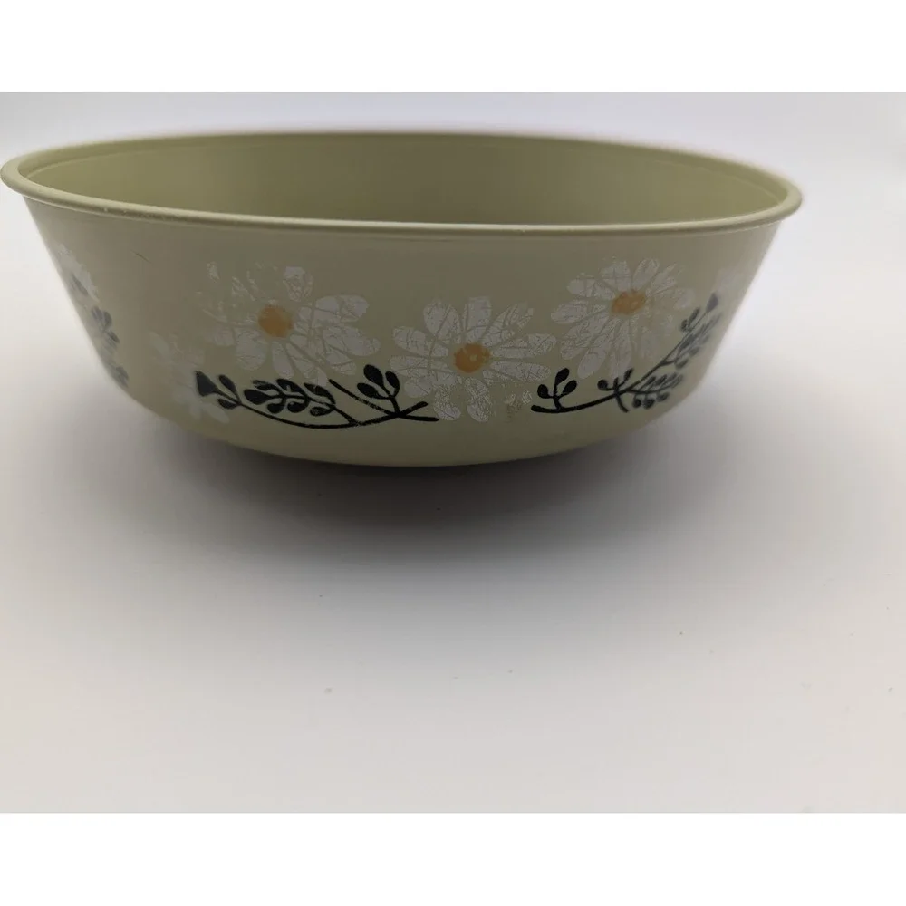 ChiffonWare 1973 Vintage Plastic Bowl Olive Green White Daisy Floral Retro MCM‎